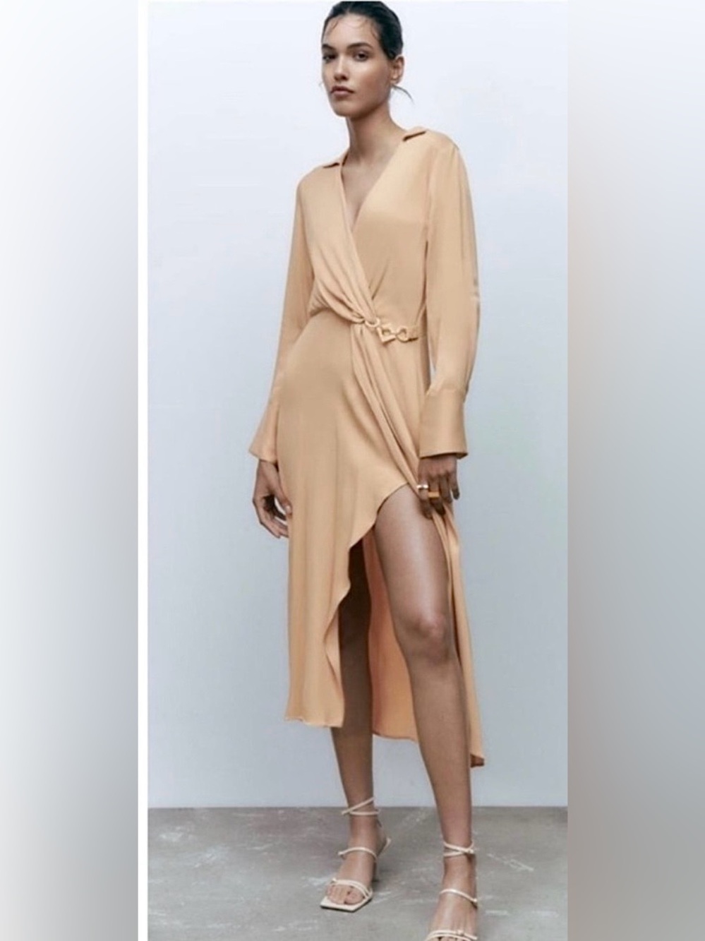Zara Beige High-Low Wrap Midi Dress with Ring Detail